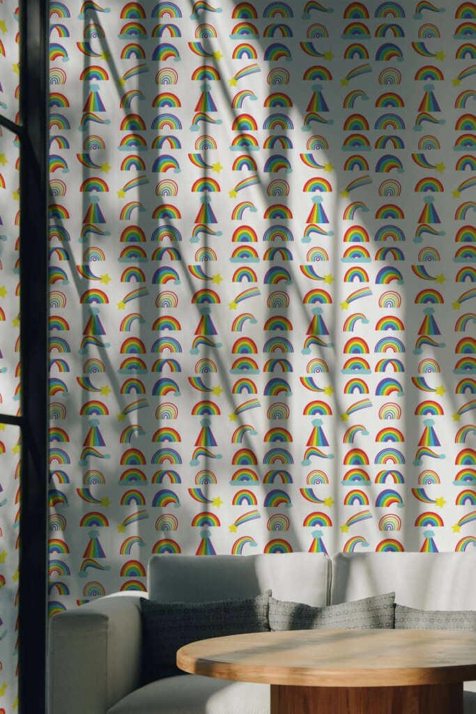 Scandinavian style living room decorated with Bright Rainbow peel and stick wallpaper