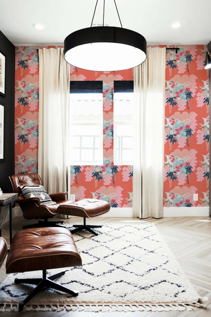 MId-century modern style living room decorated with Bright red chinoiserie peel and stick wallpaper
