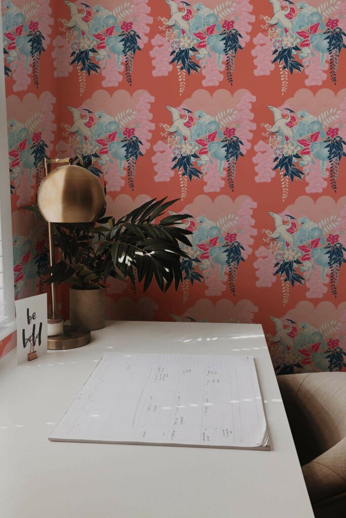 Rustic style home office decorated with Bright red chinoiserie peel and stick wallpaper