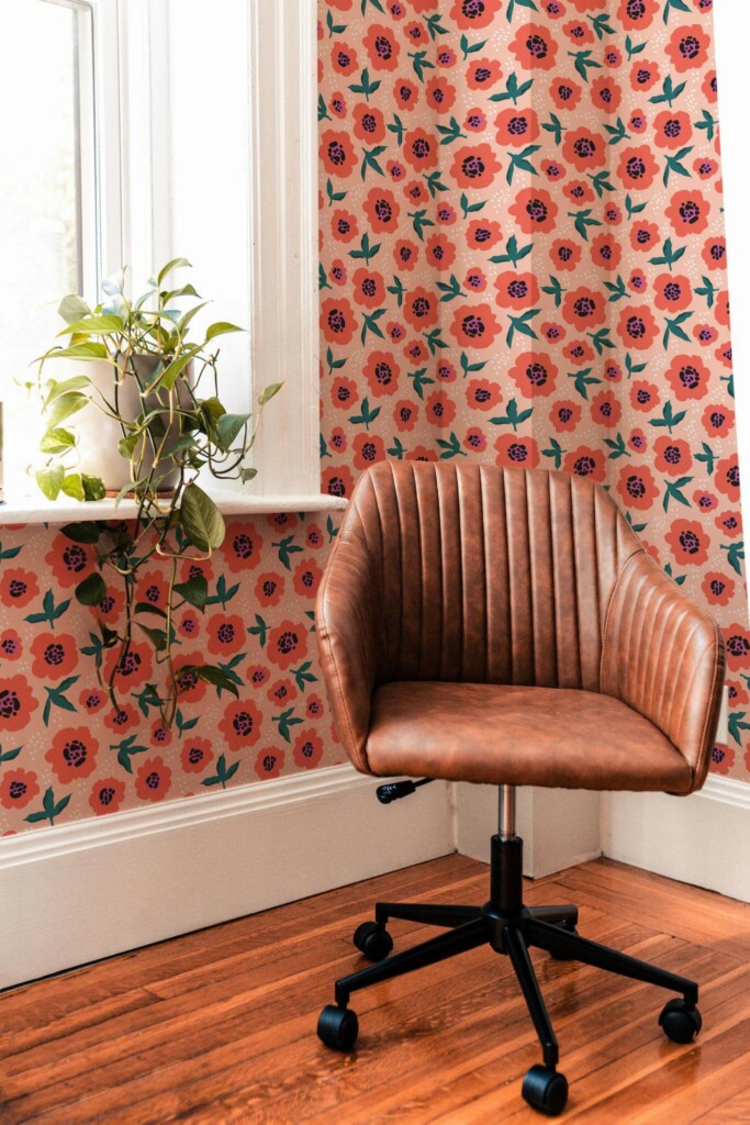 Mid-century modern style living room decorated with Bright seamless floral peel and stick wallpaper