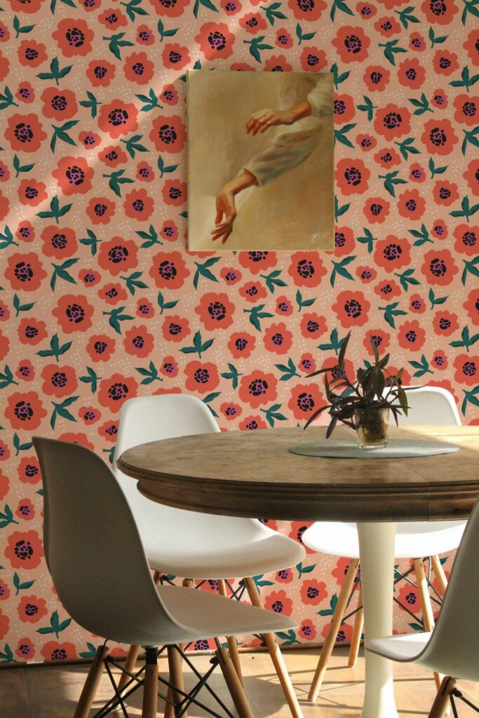 Scandinavian farmhouse style dining room decorated with Bright seamless floral peel and stick wallpaper