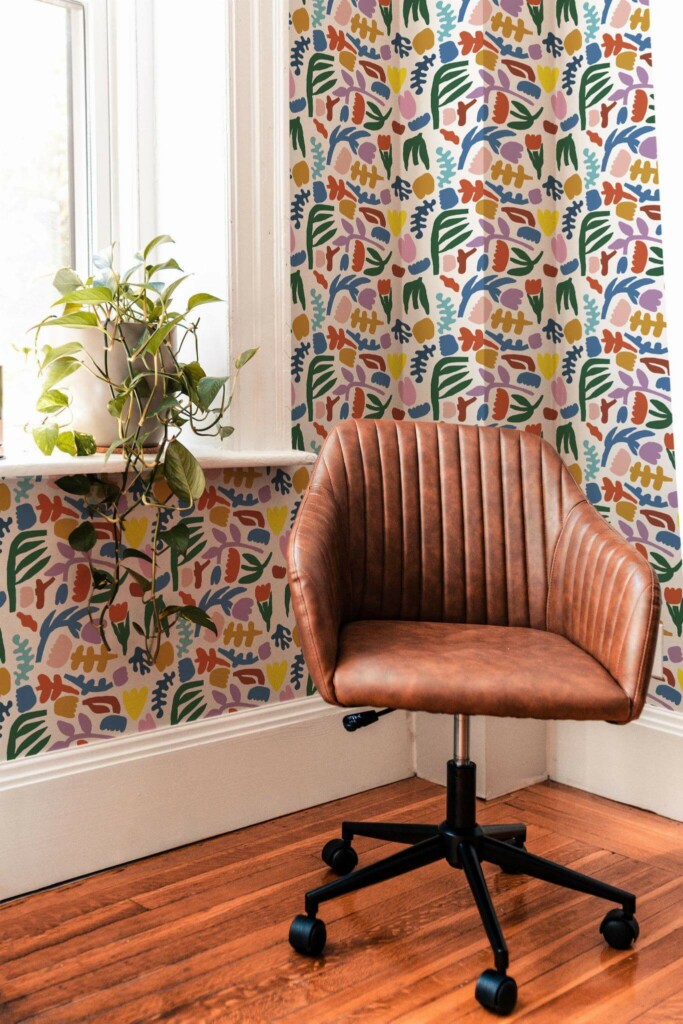 Mid-century modern style living room decorated with Bright shapes peel and stick wallpaper