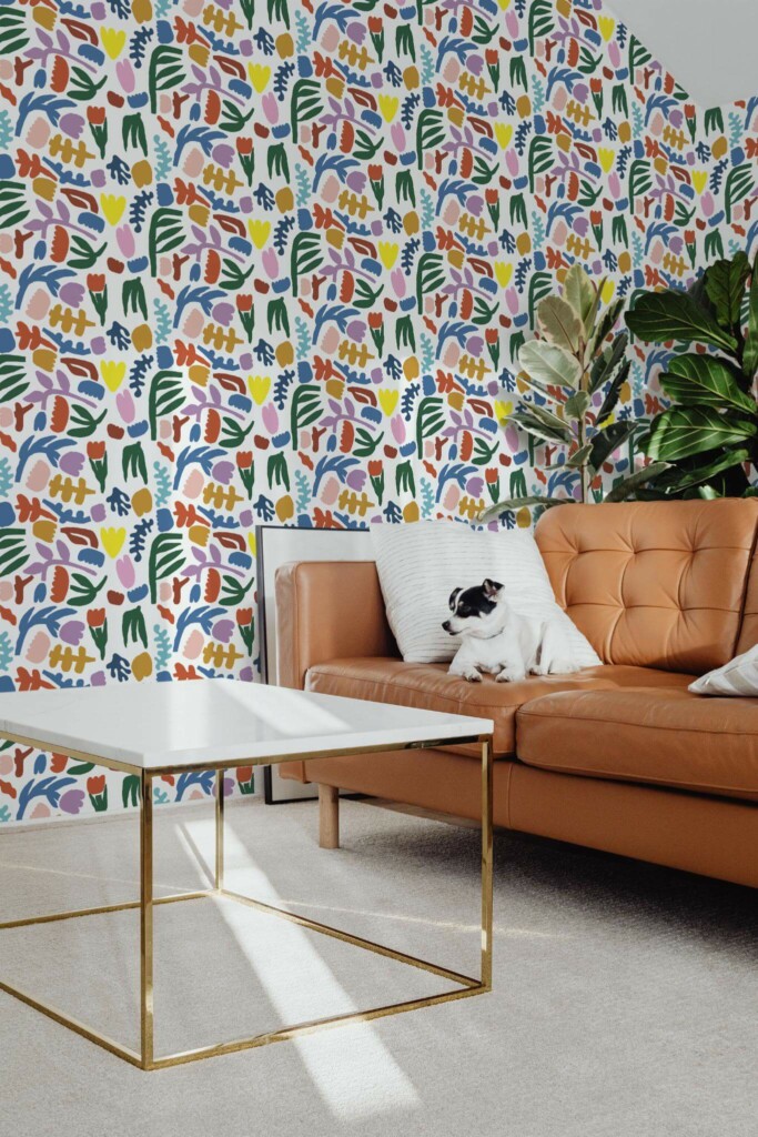 Mid-century modern style living room with dog on a sofa decorated with Bright shapes peel and stick wallpaper