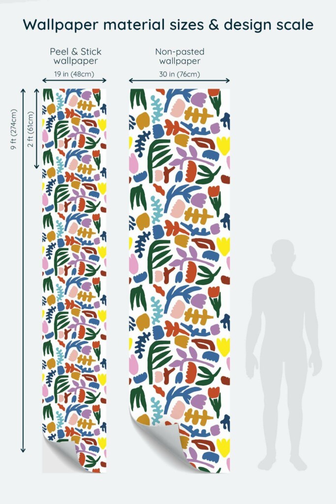 Size comparison of Bright shapes Peel & Stick and Non-pasted wallpapers with design scale relative to human figure
