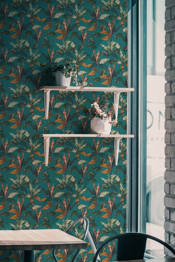 Industrial style cafe decorated with Bright Tropical leaf peel and stick wallpaper