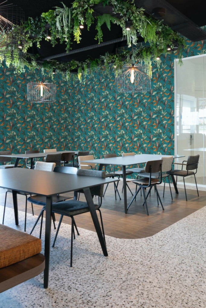 Modern style cafe decorated with Bright Tropical leaf peel and stick wallpaper