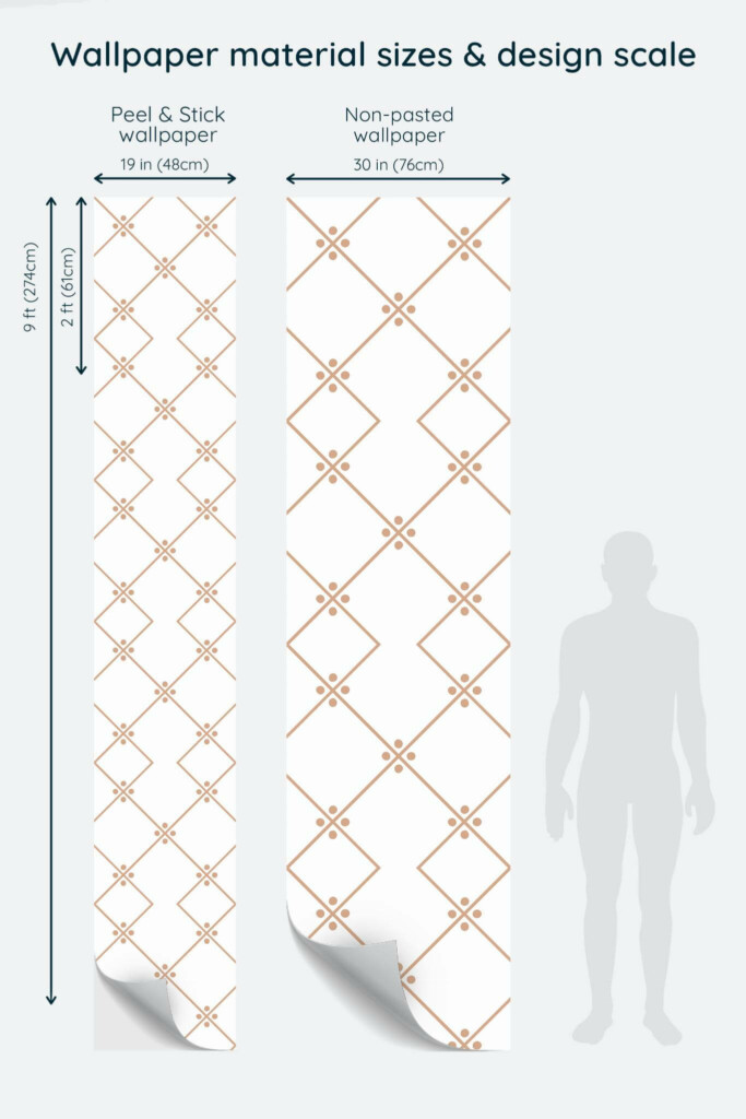 Size comparison of Brown aesthetic tile Peel & Stick and Non-pasted wallpapers with design scale relative to human figure