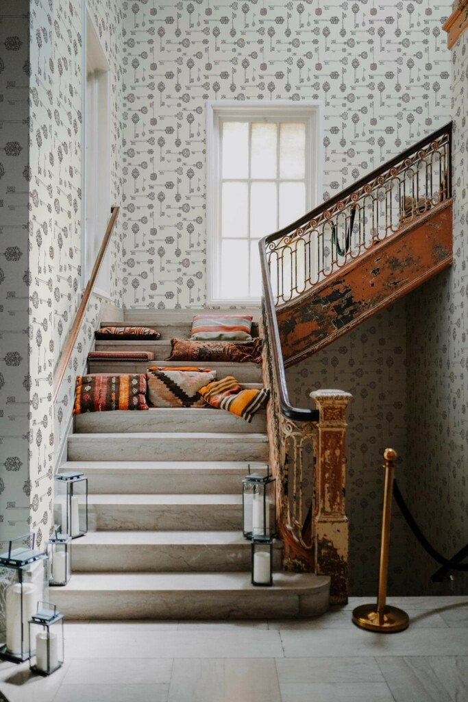 Victorian style hallway decorated with Brown and beige key peel and stick wallpaper