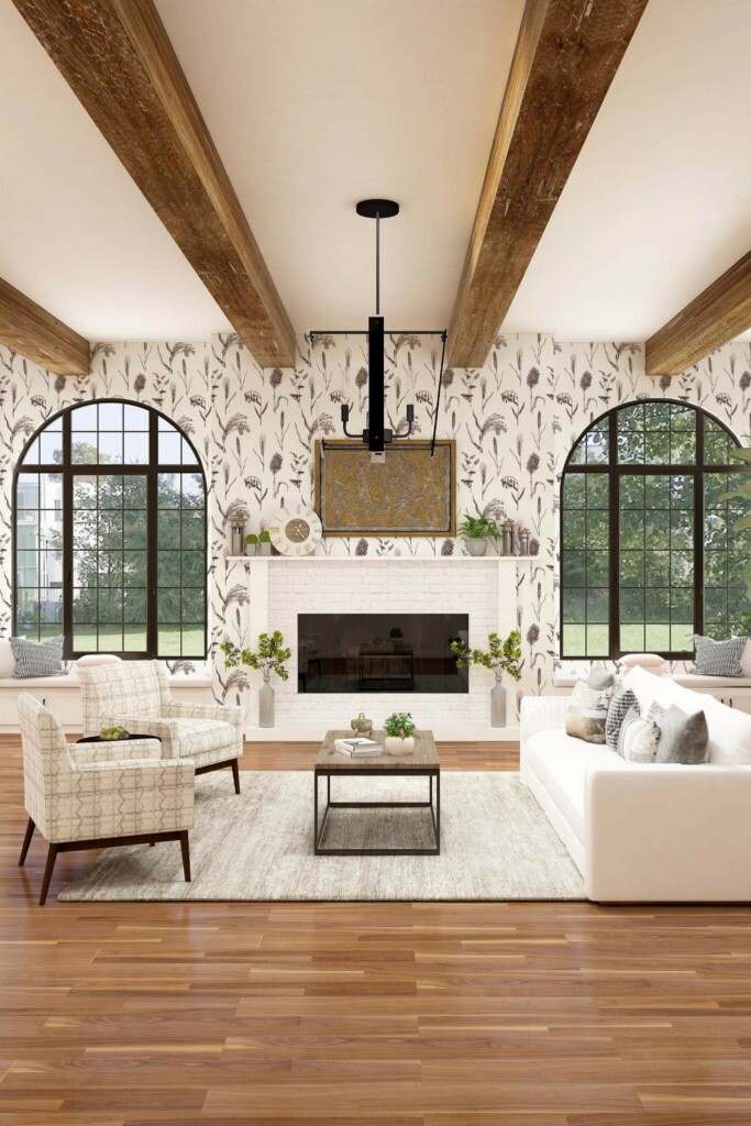 Light farmhouse style living room decorated with Brown and white botanical peel and stick wallpaper