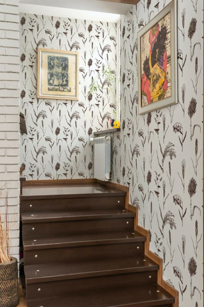 Mid-century style staircase decorated with Brown and white botanical peel and stick wallpaper
