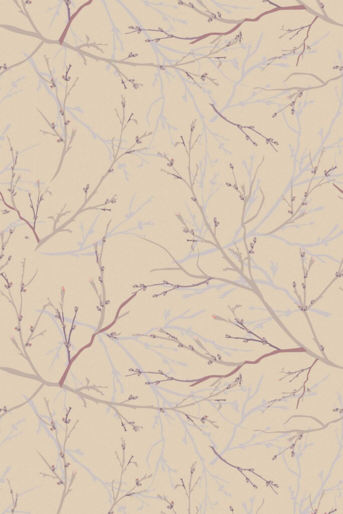 Close-up of the brown plant and tree wallpaper showing fine line branches in varied brown tones across a beige backdrop. This detailed nature wallpaper is suitable for spas, bedrooms, or soft eclectic interiors seeking a peaceful and organic design accent.