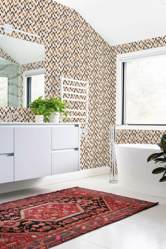 Boho style bathroom decorated with Brown chevron peel and stick wallpaper