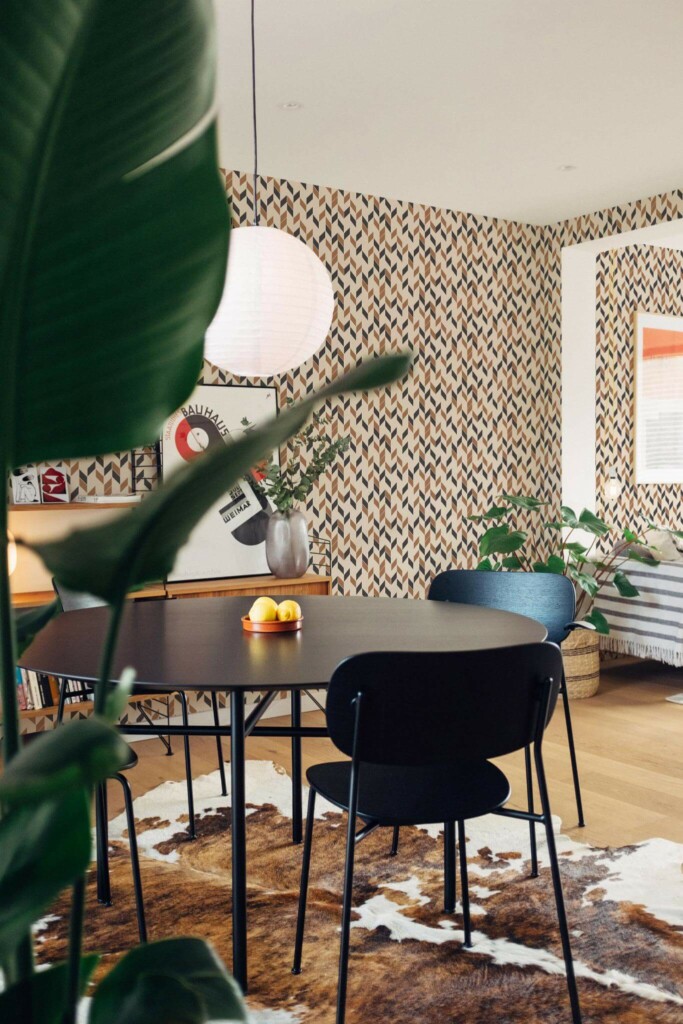Scandinavian style dining room decorated with Brown chevron peel and stick wallpaper