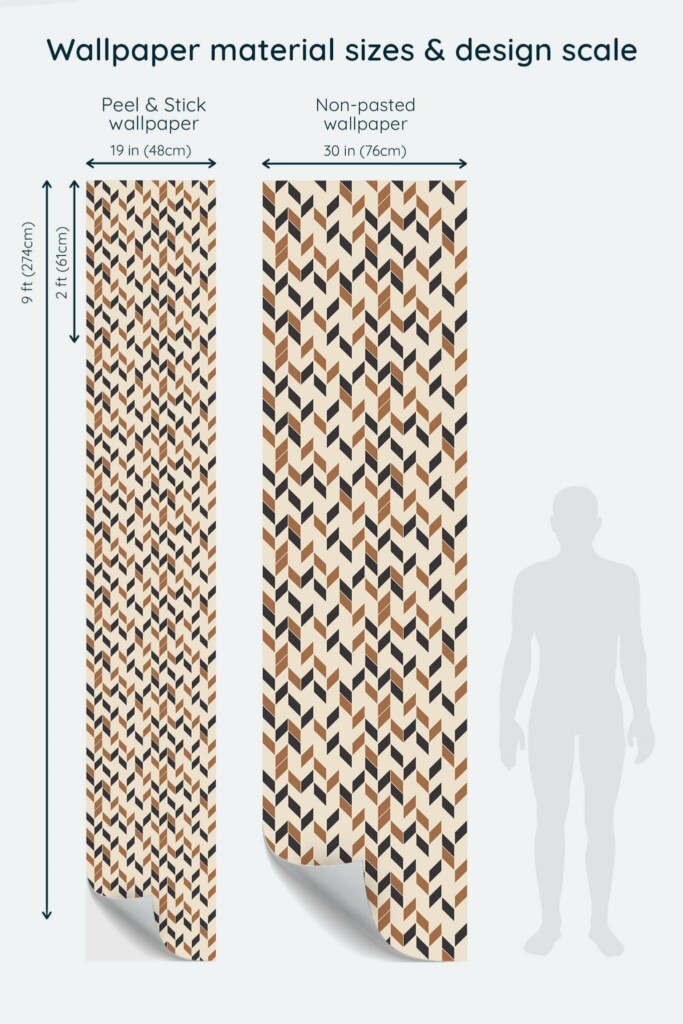Size comparison of Brown chevron Peel & Stick and Non-pasted wallpapers with design scale relative to human figure