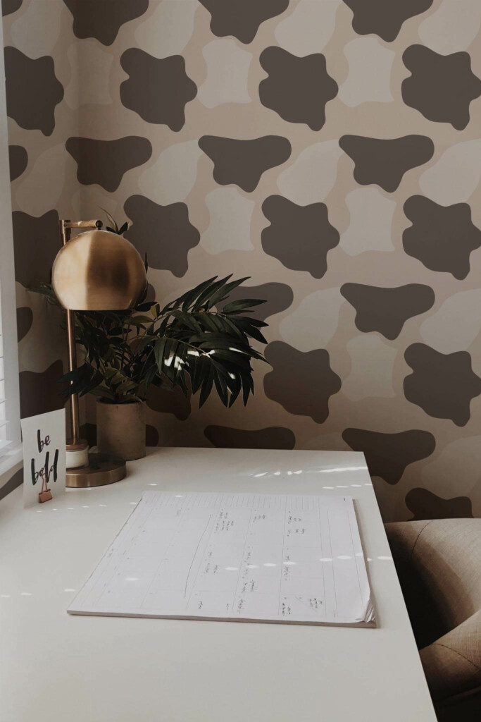 Rustic style home office decorated with Brown Cow print peel and stick wallpaper