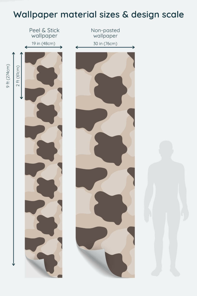 Size comparison of Brown cow print Peel & Stick and Non-pasted wallpapers with design scale relative to human figure