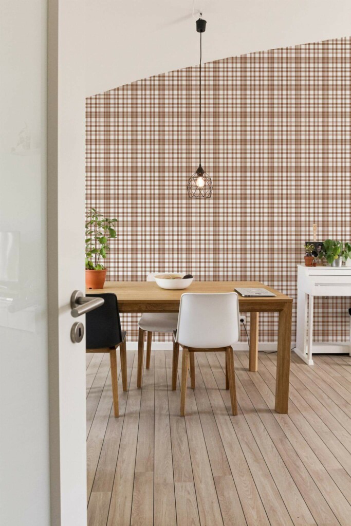 Minimal farmhouse style dining room decorated with Brown farmhouse plaid peel and stick wallpaper