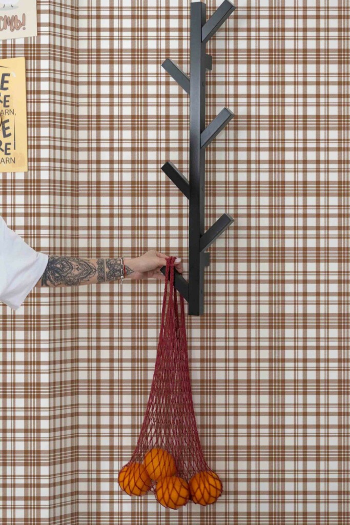 Scandinavian style kitchen decorated with Brown farmhouse plaid peel and stick wallpaper