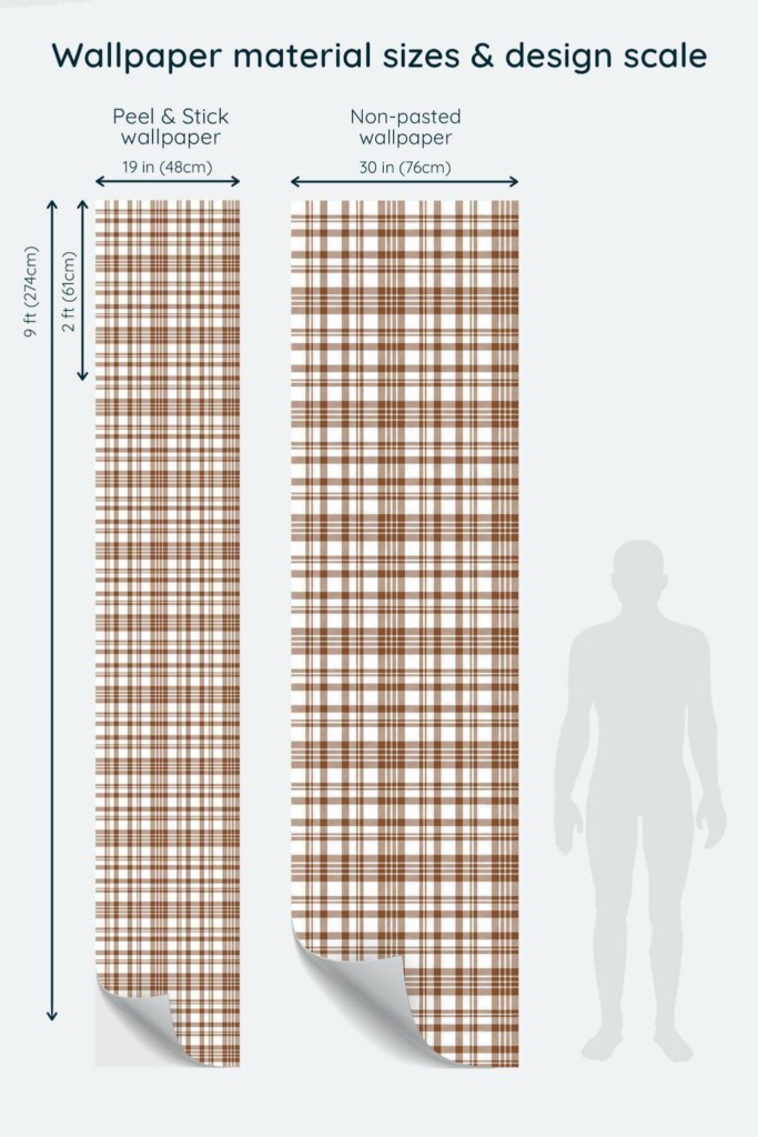 Size comparison of Brown farmhouse plaid Peel & Stick and Non-pasted wallpapers with design scale relative to human figure