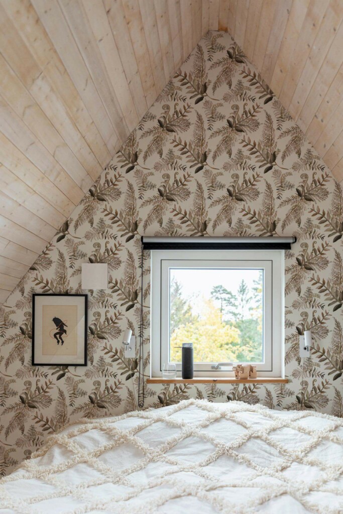 Light farmhouse style bedroom decorated with Brown fern peel and stick wallpaper