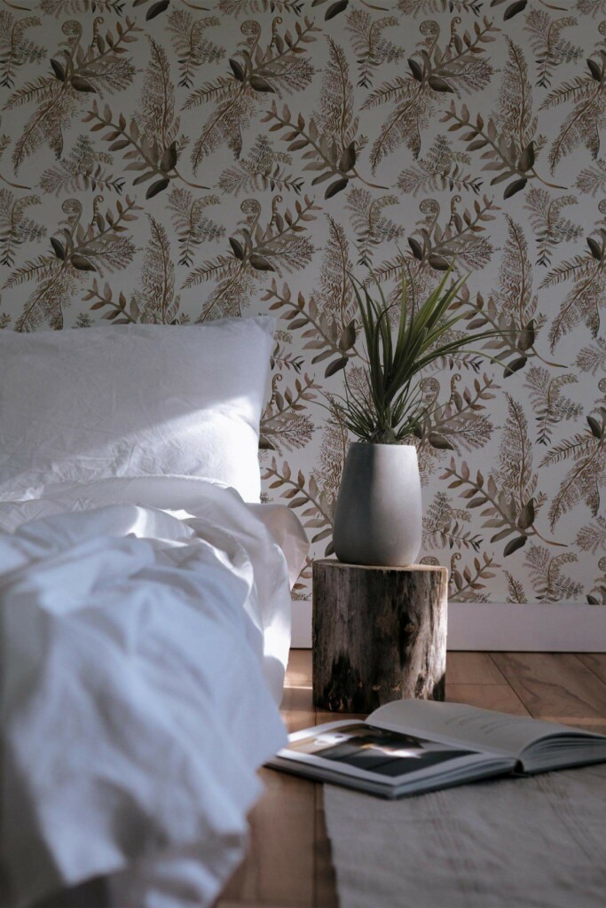 Minimal scandinavian style bedroom decorated with Brown fern peel and stick wallpaper