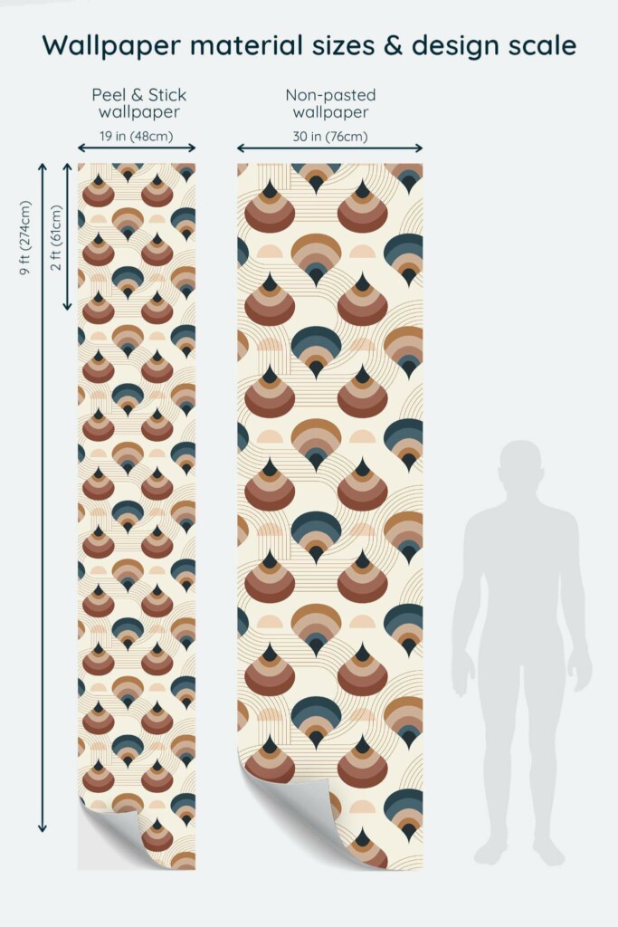 Size comparison of Brown hand drawn retro Peel & Stick and Non-pasted wallpapers with design scale relative to human figure
