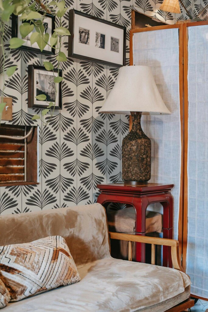Southwestern style living room decorated with Brown palm leaf peel and stick wallpaper