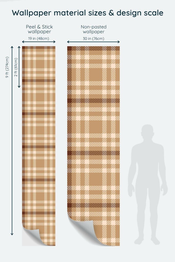 Size comparison of Brown plaid Peel & Stick and Non-pasted wallpapers with design scale relative to human figure