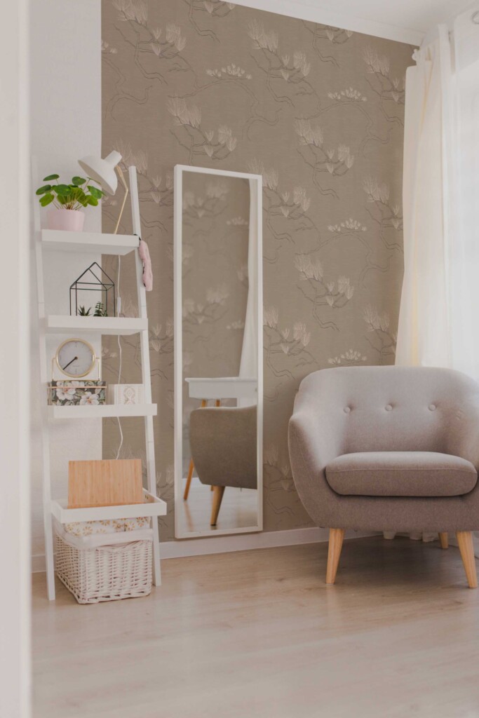 Botanical brown removable wallpaper by Fancy Walls. Cream Branching Bonsai wallpaper in collaboration with Dream Green DIY peel and stick or non-pasted