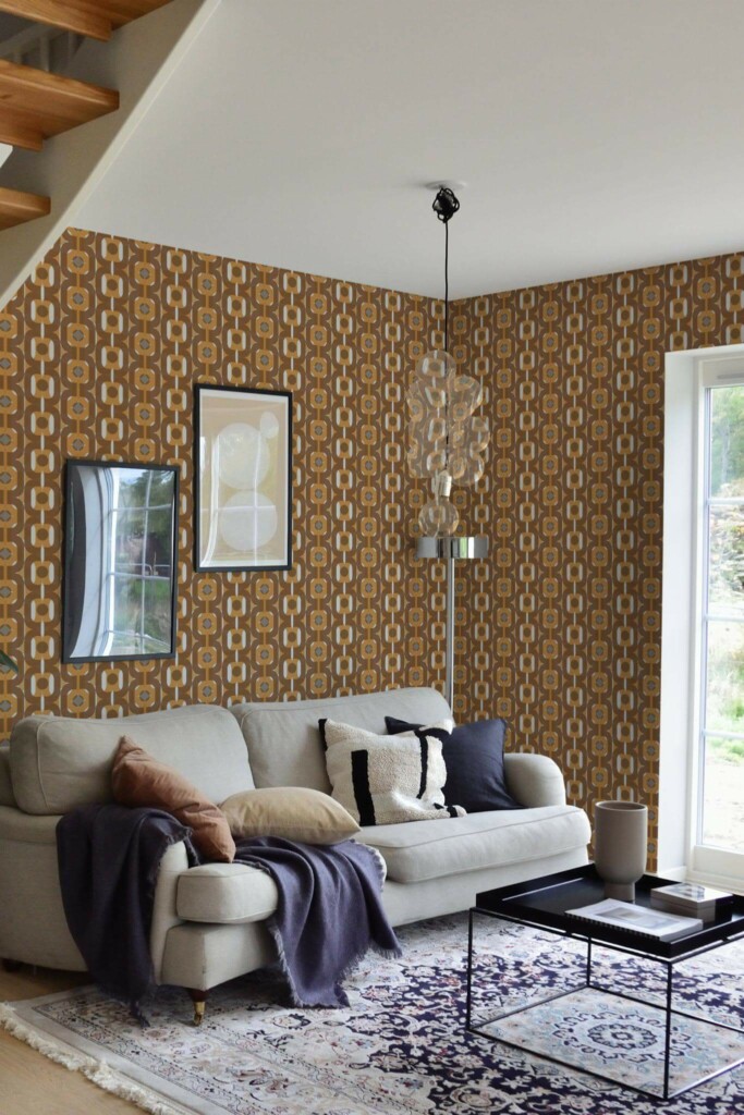 Contemporary style living room and kitchendecorated with Brown retro 70s peel and stick wallpaper