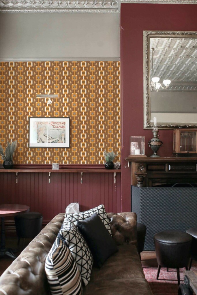 Rustic traditional style living room decorated with Brown retro 70s peel and stick wallpaper