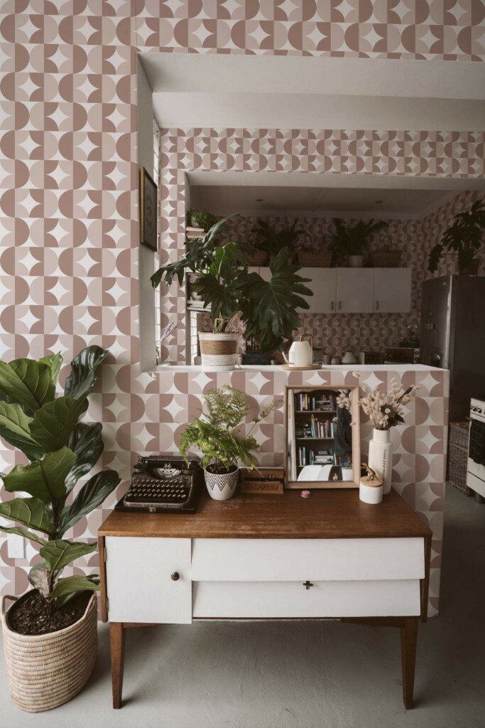 Boho style living room and kitchen decorated with Brown retro geometric peel and stick wallpaper and green plants