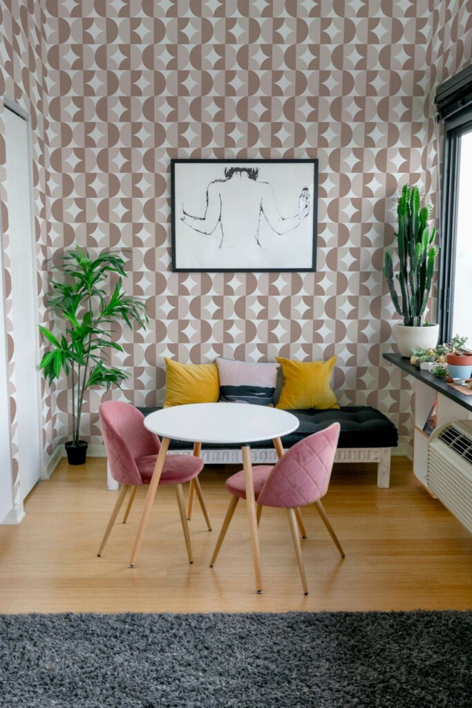 Eclectic style living room decorated with Brown retro geometric peel and stick wallpaper