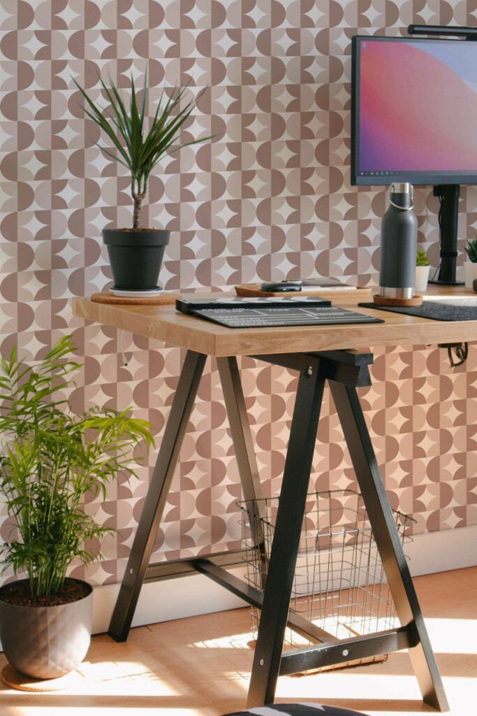 Scandinavian style home office decorated with Brown retro geometric peel and stick wallpaper