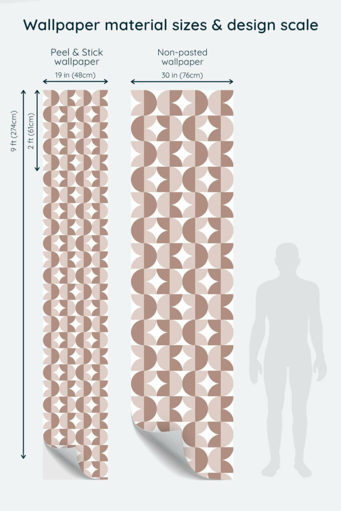 Size comparison of Brown retro geometric Peel & Stick and Non-pasted wallpapers with design scale relative to human figure