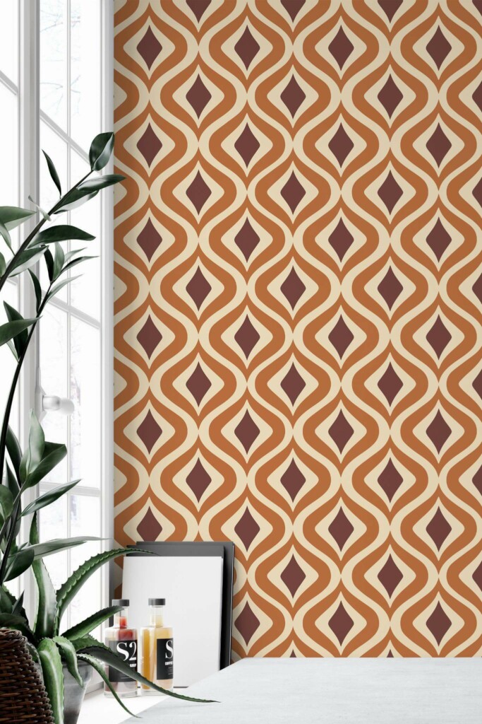 Minimal style home office decorated with Brown Retro peel and stick wallpaper