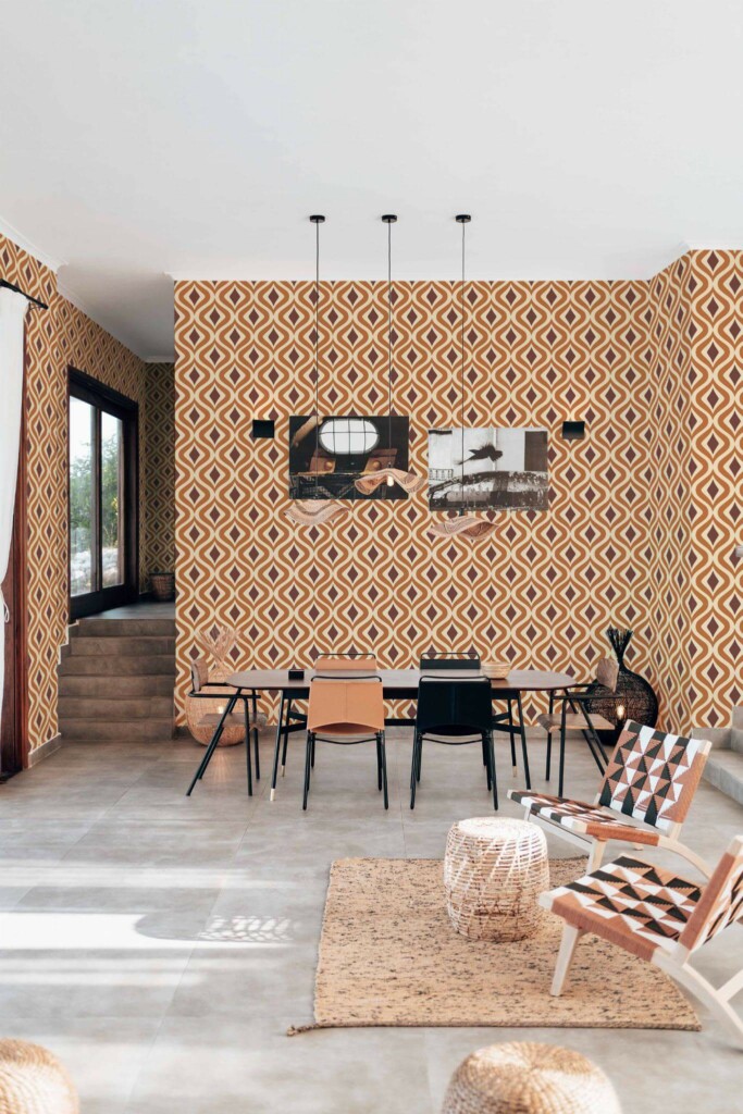 Modern boho style living dining room decorated with Brown Retro peel and stick wallpaper