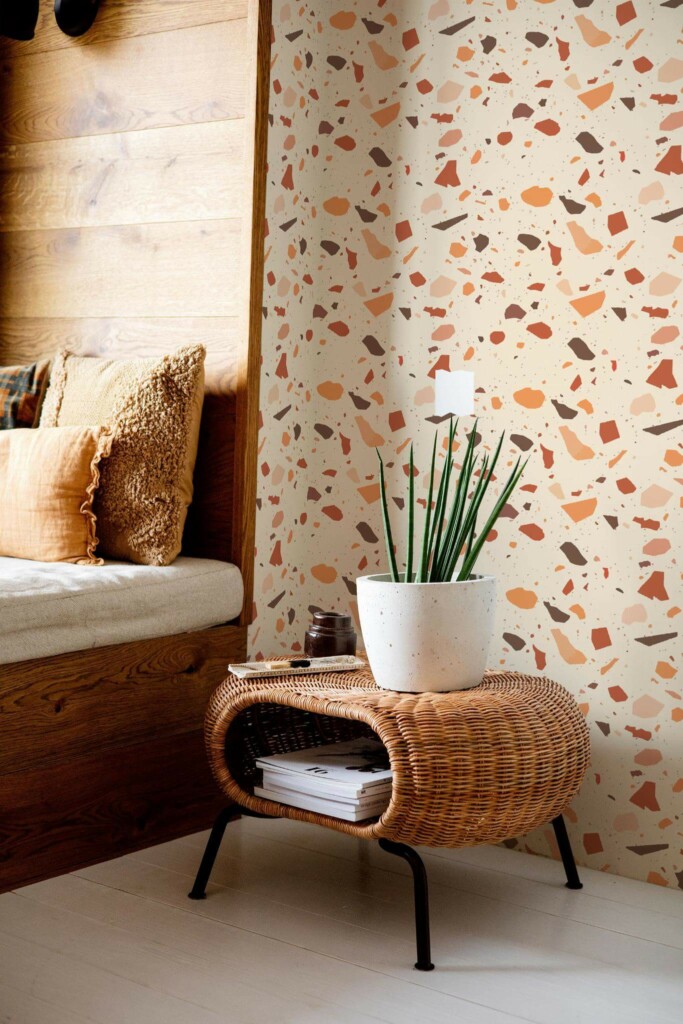 Mid-century modern style bedroom decorated with Brown terrazzo peel and stick wallpaper