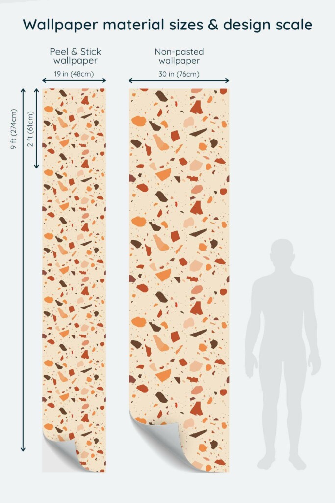 Size comparison of Brown terrazzo Peel & Stick and Non-pasted wallpapers with design scale relative to human figure