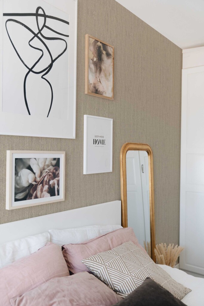 Seamless removable wallpaper in brown texture imitation by Fancy Walls. Sand Retro Talbott Grasscloth wallpaper collaborating with Dream Green DIY - peel and stick or non-pasted