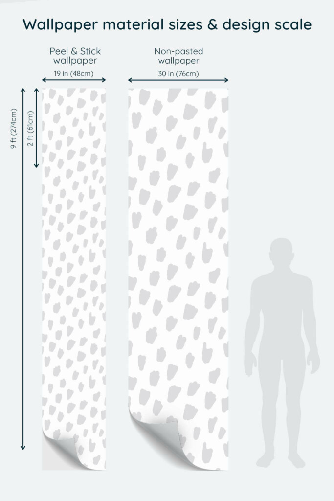 Size comparison of Brush spots Peel & Stick and Non-pasted wallpapers with design scale relative to human figure