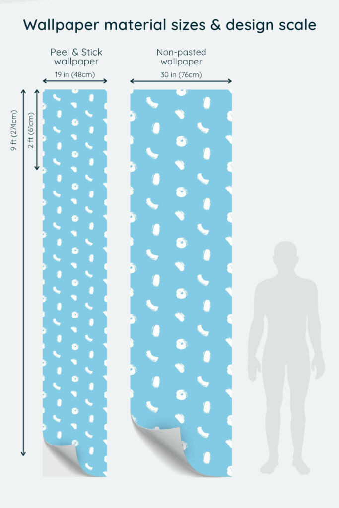 Size comparison of Brush stroke and dot Peel & Stick and Non-pasted wallpapers with design scale relative to human figure