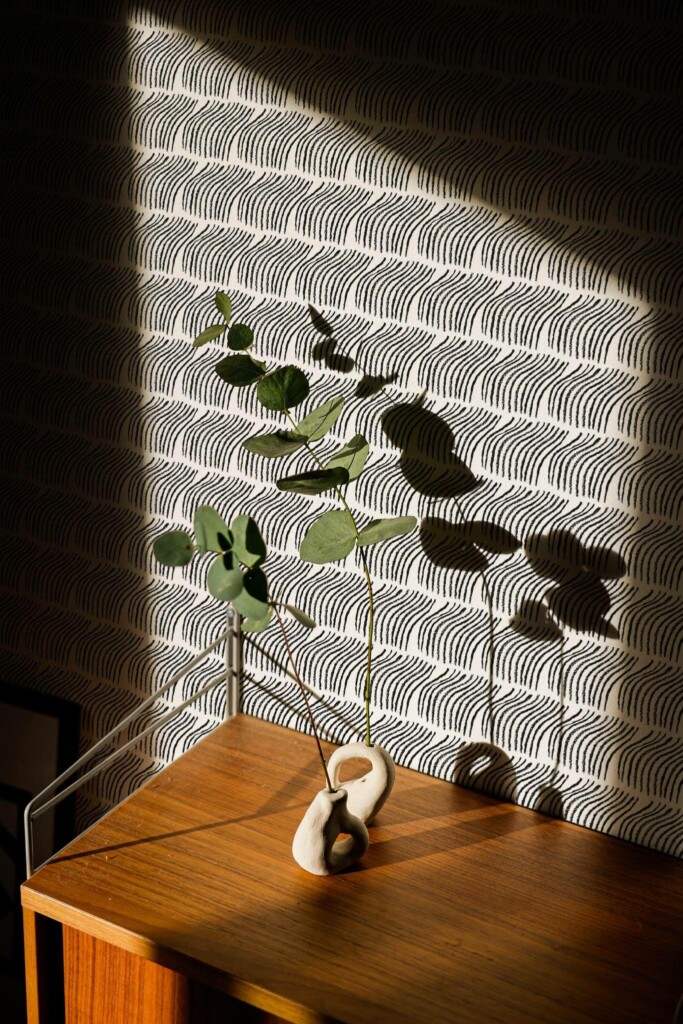 Mid-century style living room decorated with Brush stroke bent lines peel and stick wallpaper