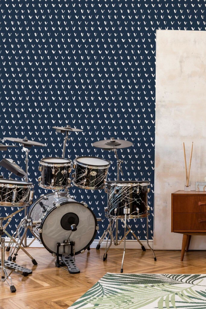 Mid-century style music room decorated with Brush stroke check mark peel and stick wallpaper