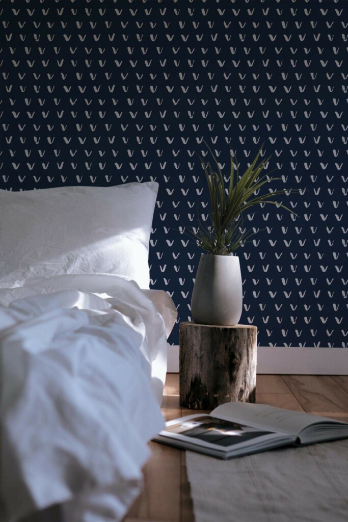 Minimal scandinavian style bedroom decorated with Brush stroke check mark peel and stick wallpaper