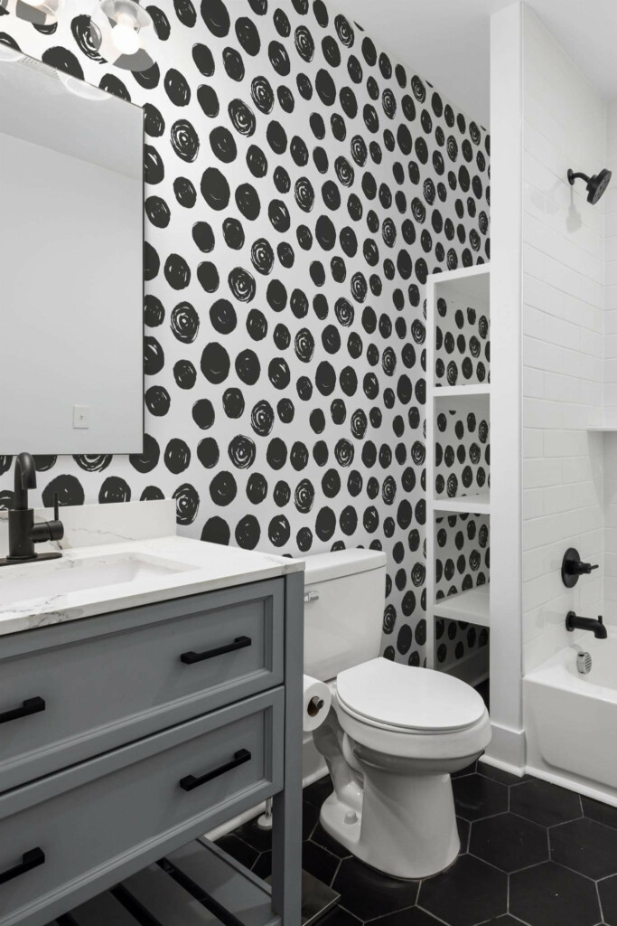 Scandinavian style bathroom decorated with Brush stroke Circle peel and stick wallpaper