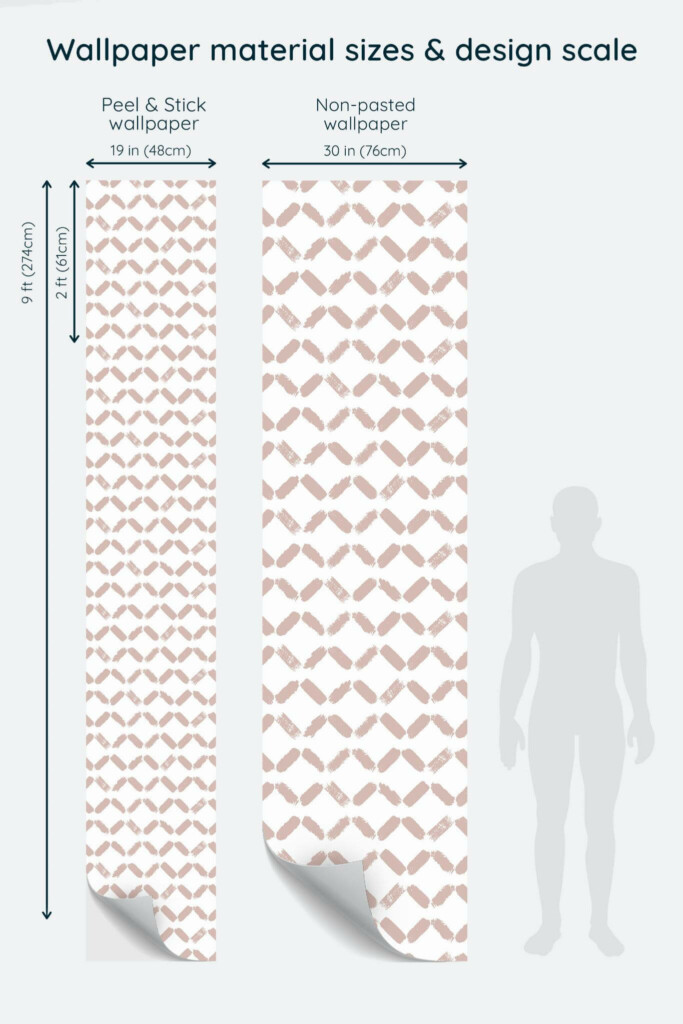 Size comparison of Brush stroke diamond pattern Peel & Stick and Non-pasted wallpapers with design scale relative to human figure
