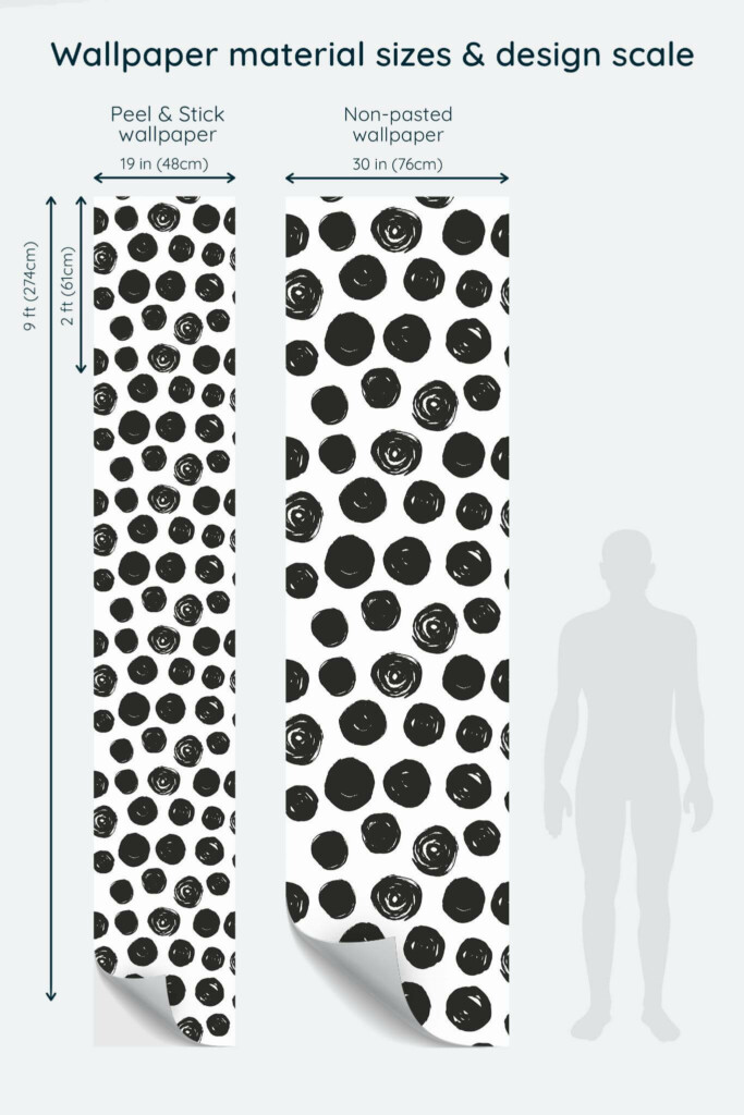 Size comparison of Brush stroke dots Peel & Stick and Non-pasted wallpapers with design scale relative to human figure