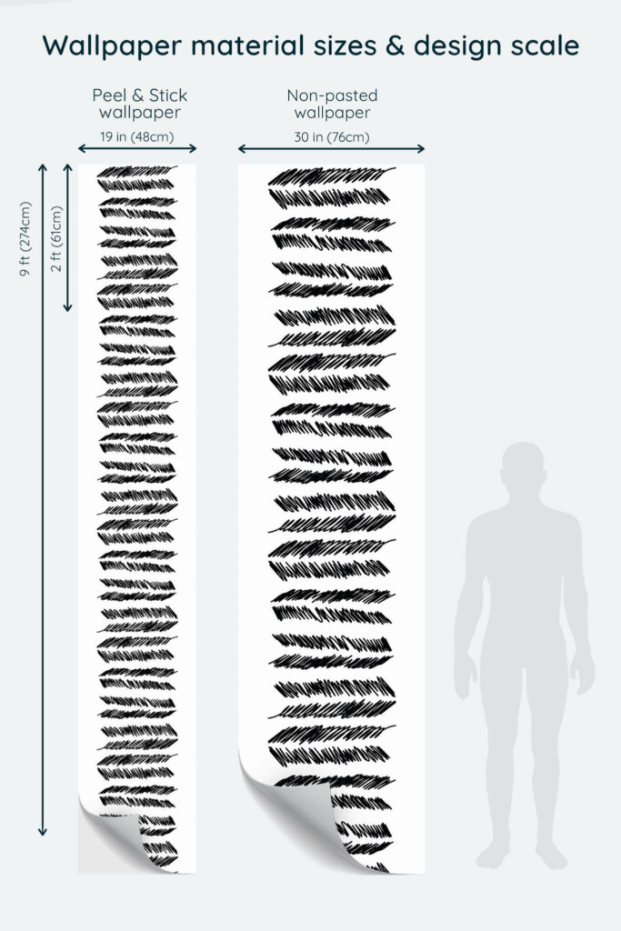 Size comparison of Brush stroke feather Peel & Stick and Non-pasted wallpapers with design scale relative to human figure