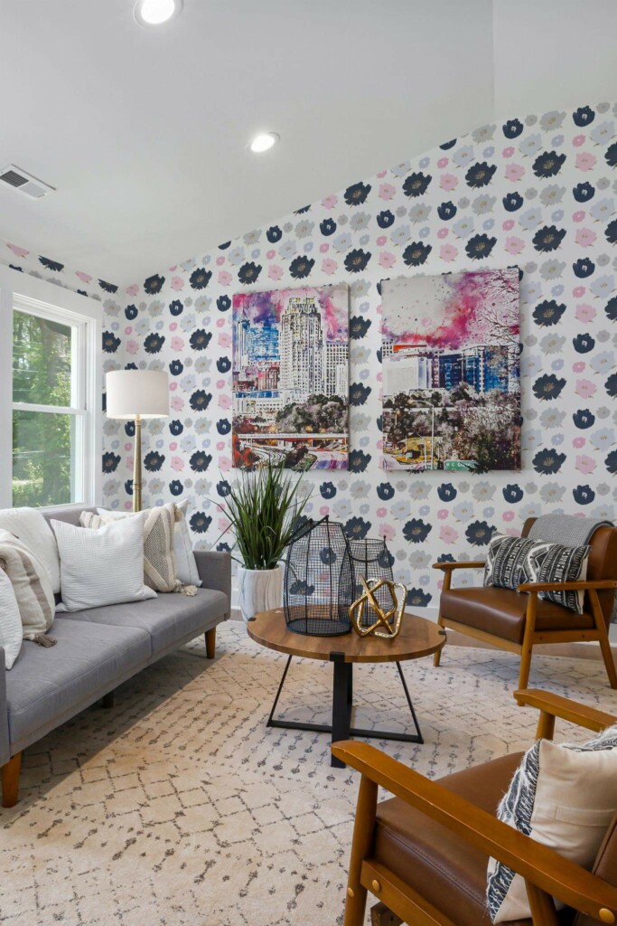 Mid-century modern style living room decorated with Brush stroke floral peel and stick wallpaper and colorful funky artwork